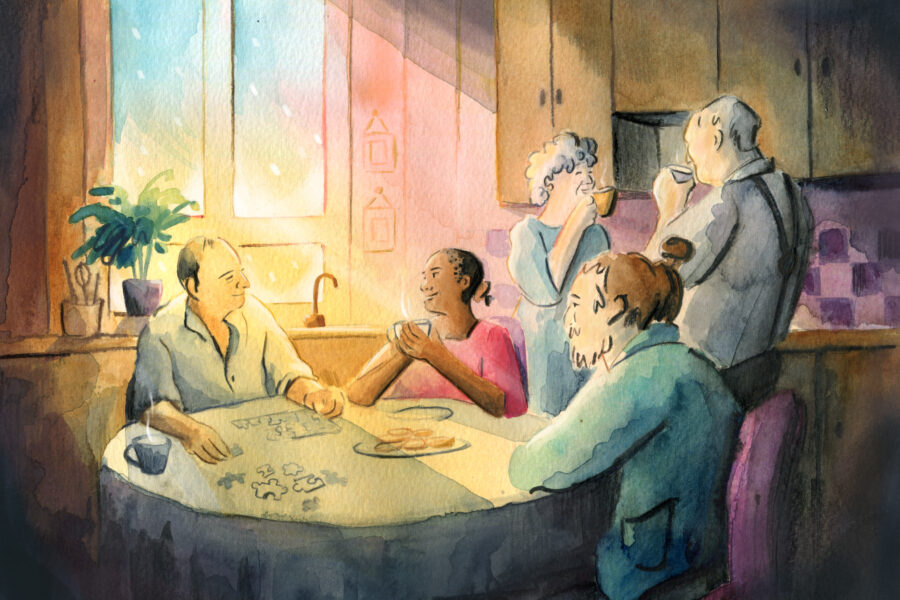 Watercolour illustration of five people around a dining room table laughing, drinking tea and playing games.